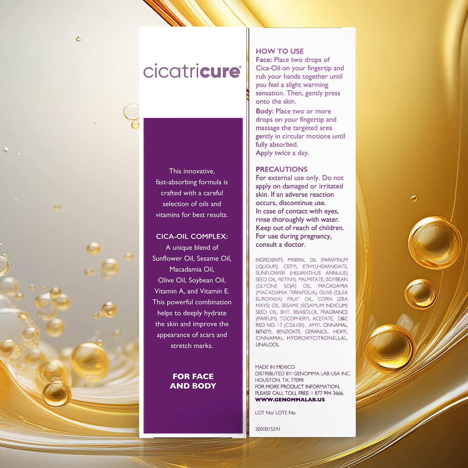 Cicatricure Cica Oil, empaque compacto, fácil de usar diariamente.