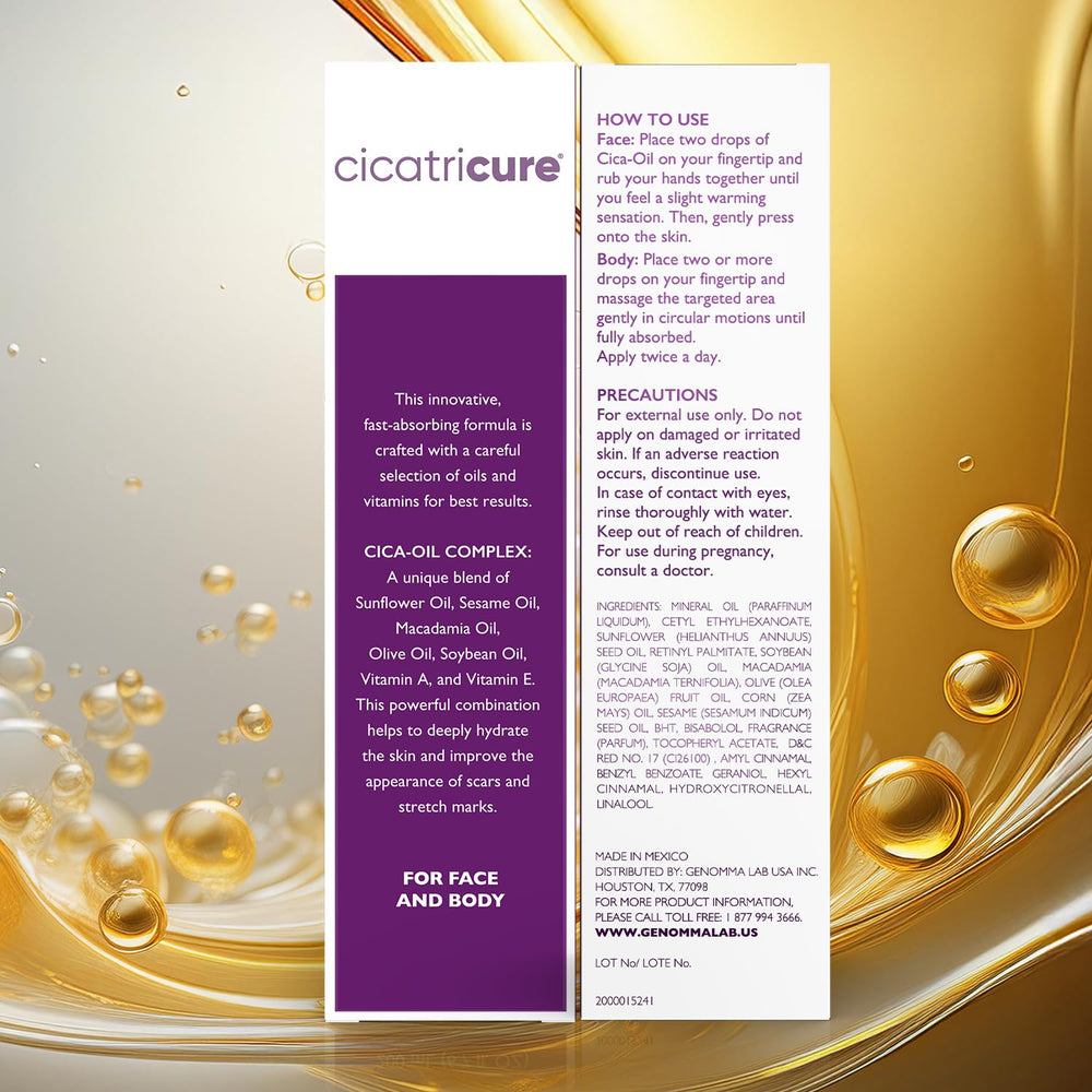 Cicatricure Cica Oil, empaque compacto, fácil de usar diariamente.