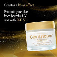 Partículas doradas visibles en Cicatricure Gold Lift Day Cream para un toque de lujo.