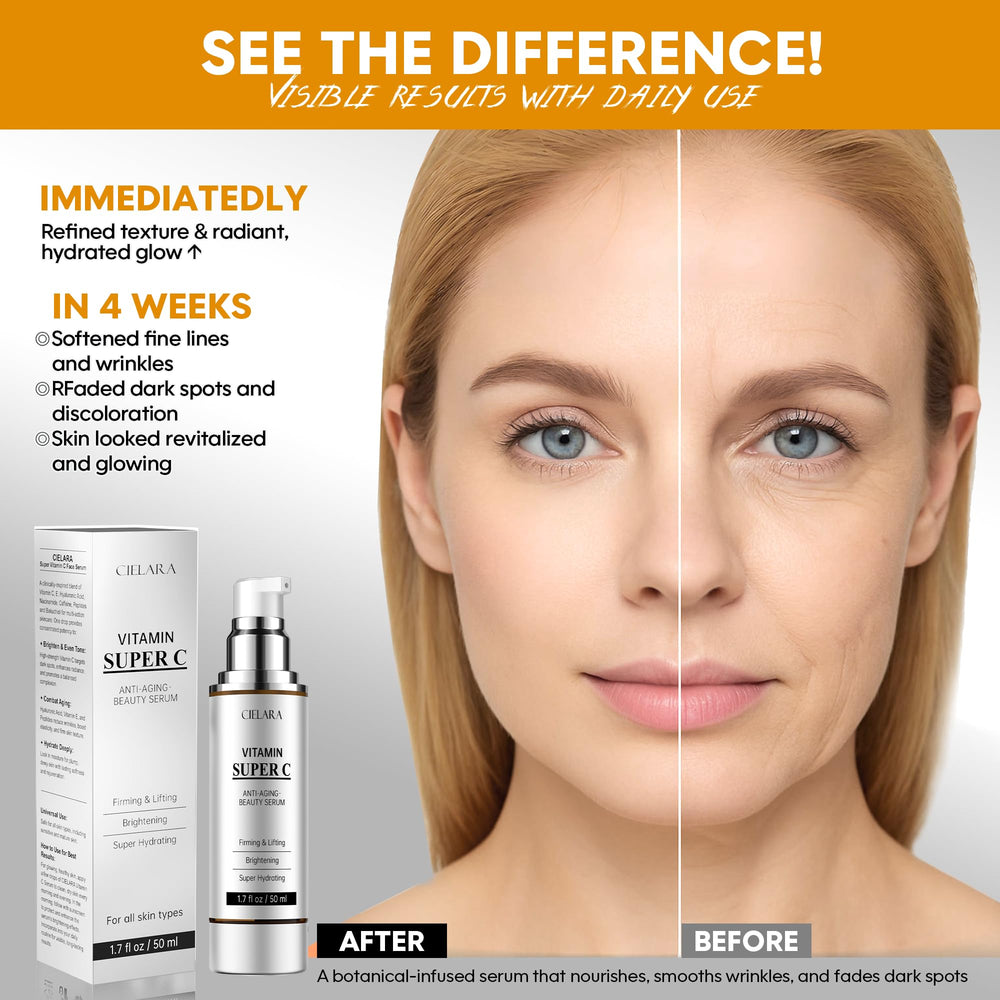 CIELARA Serum Vitamina C, aplicación en rostro y cuello para tono uniforme.