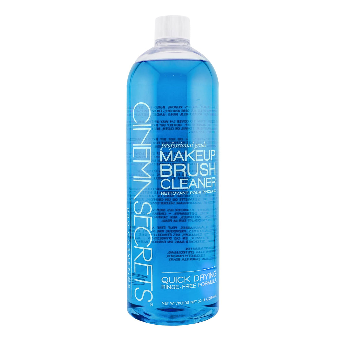 Cinema Secrets brush cleaner bottle shows quick-dry action for fast tool refresh.