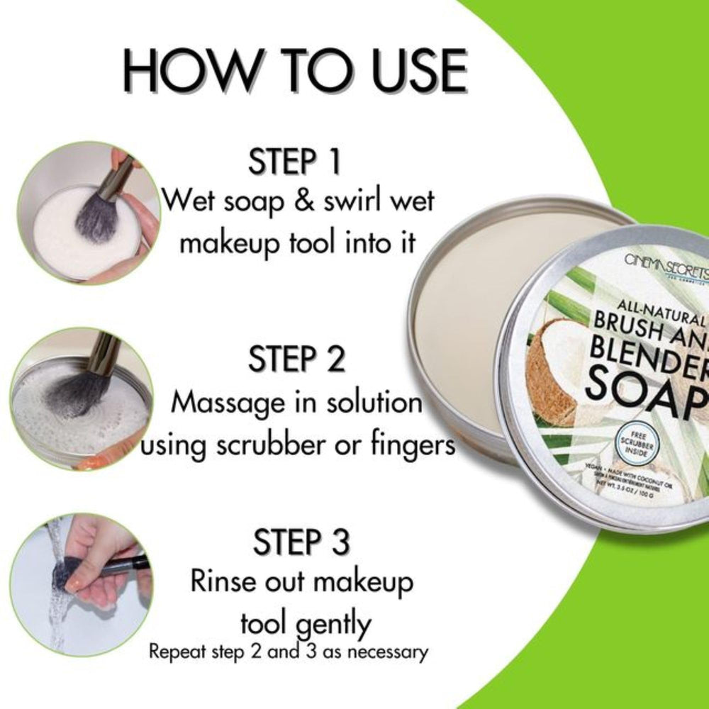 Cinema Secrets coconut oil-enriched cleanser image emphasizes nourishing formula for bristles