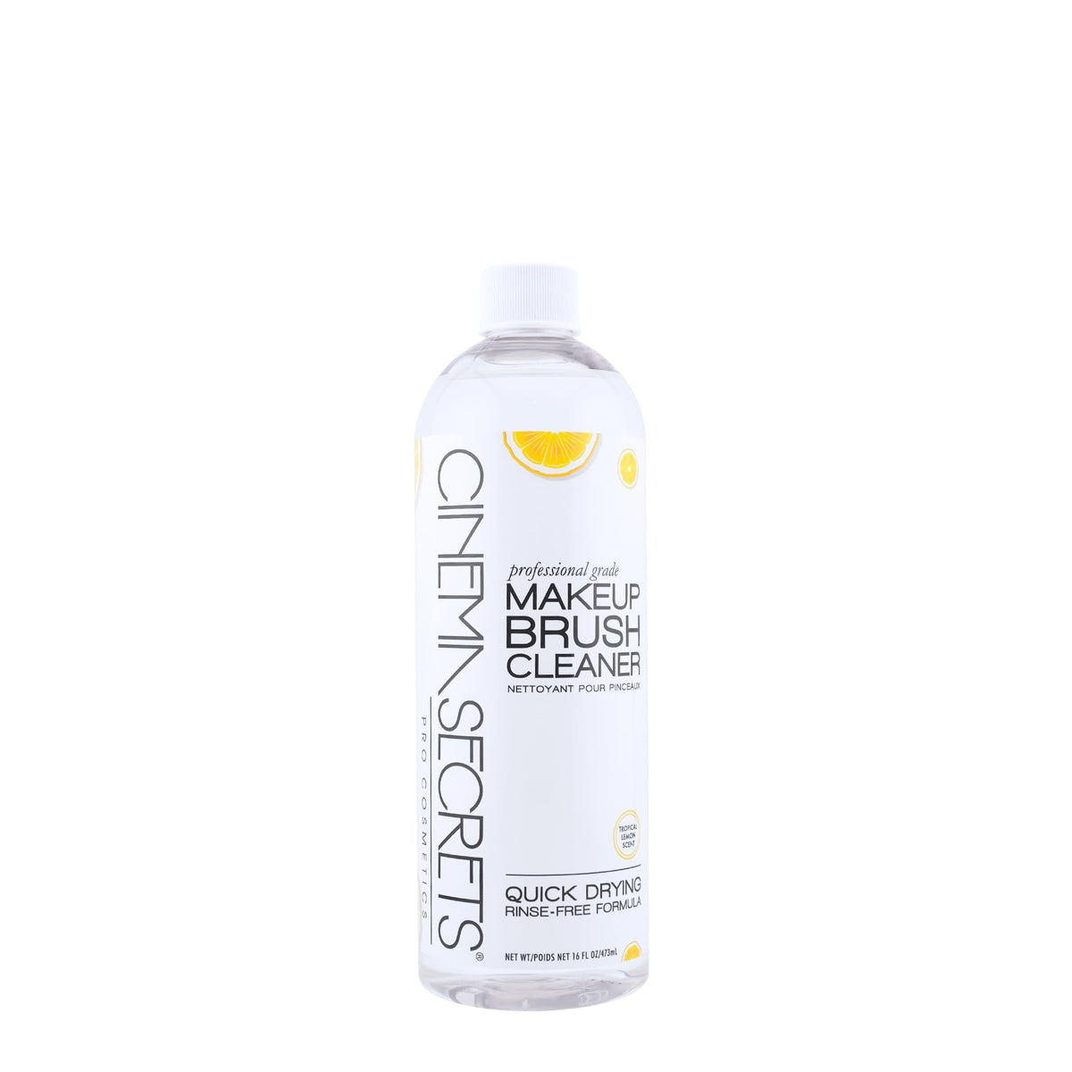 Cinema Secrets Original Brush Cleaner bottle with lemon scent for quick, rinse-free cleaning.