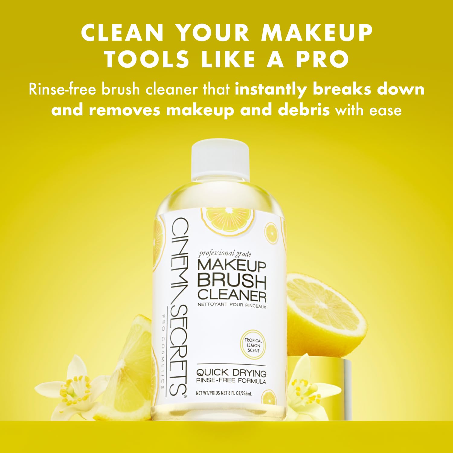 Cinema Secrets Original Brush Cleaner lemon brush dip shows deep-cleaning for waterproof makeup.