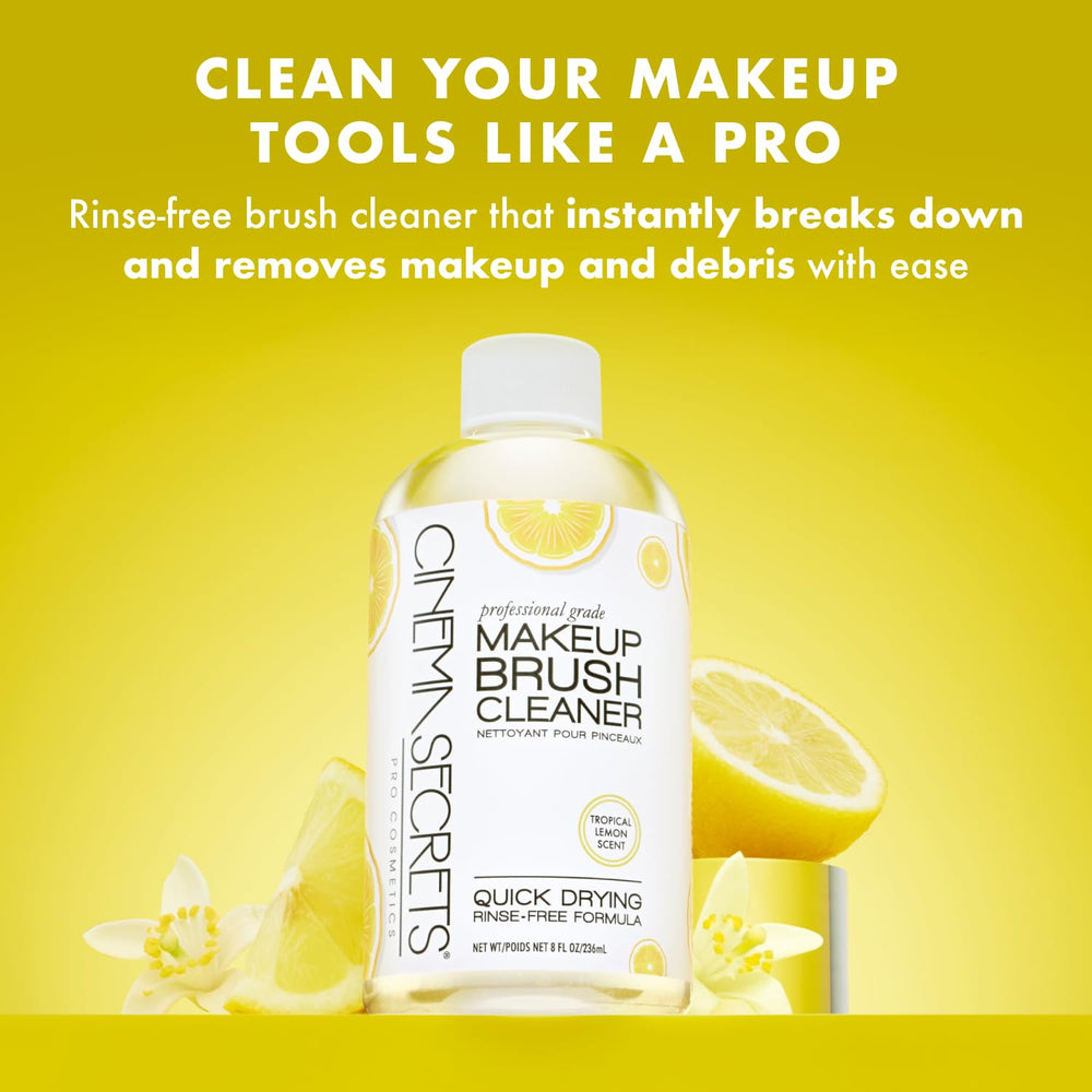 Cinema Secrets Original Brush Cleaner lemon brush dip shows deep-cleaning for waterproof makeup.