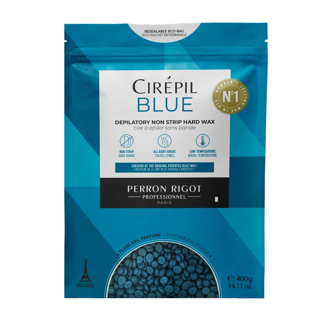 Cirepil blue hard wax beads 400g package for salon-grade waxing at home.