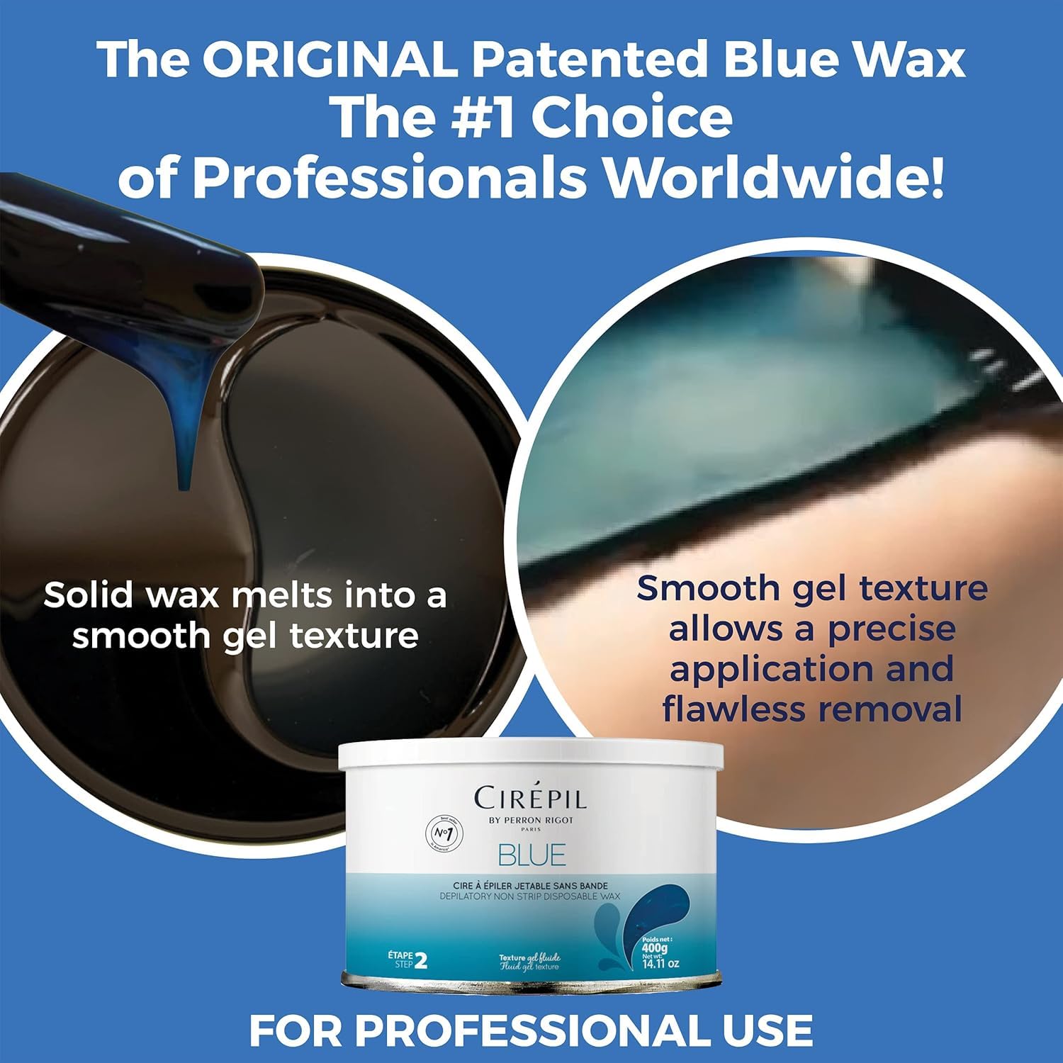Cirepil Blue Wax Tin applied to the face for gentle removal.