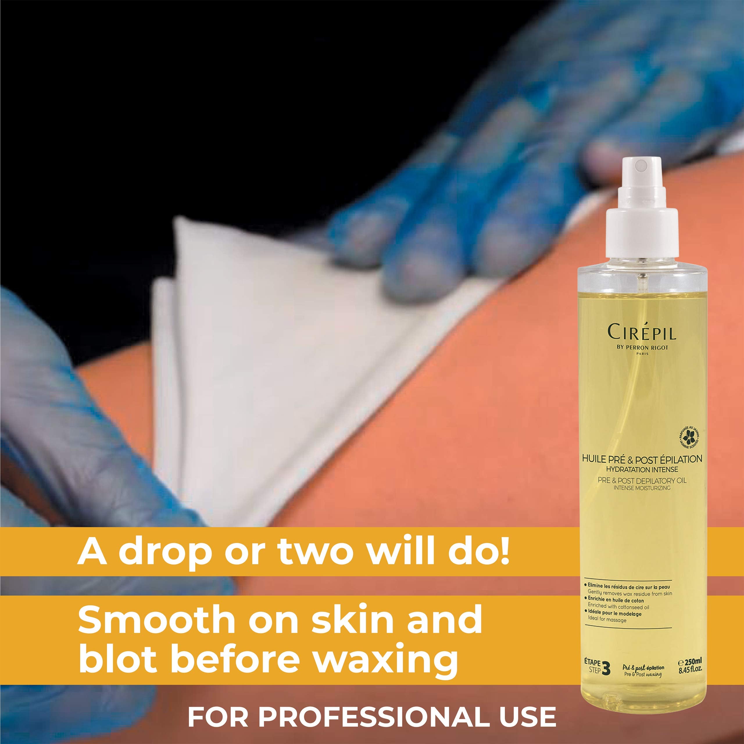 Cirepil oil drop application on skin shows targeted barrier before waxing.