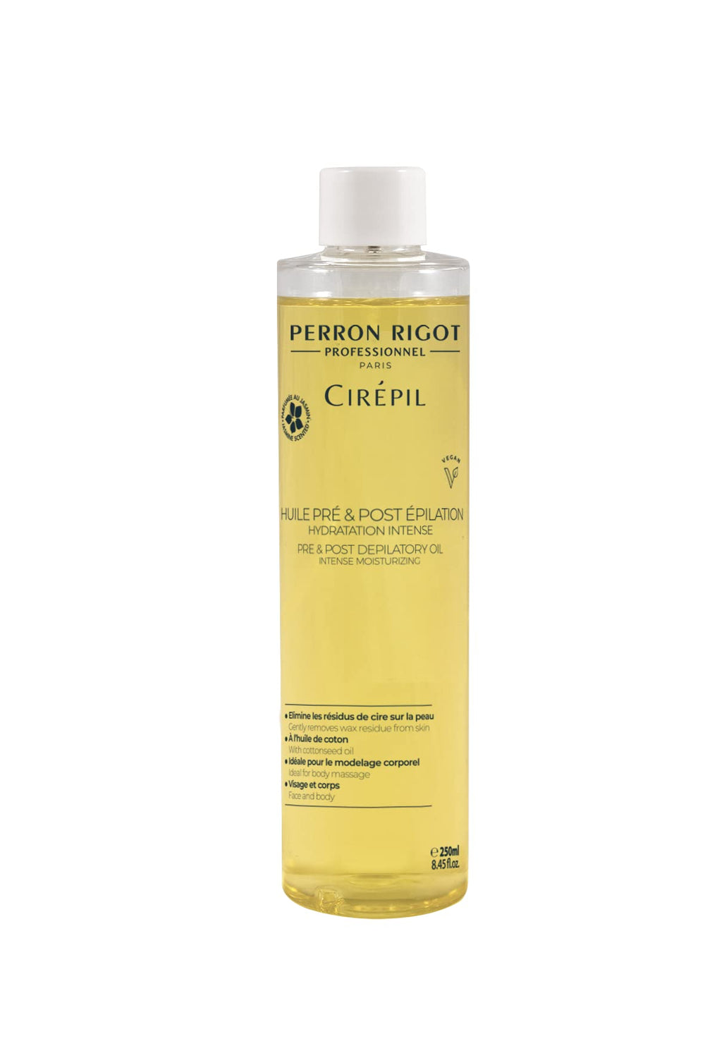 Cirepil pre and post depilatory oil bottle on a clean surface for professional waxing.
