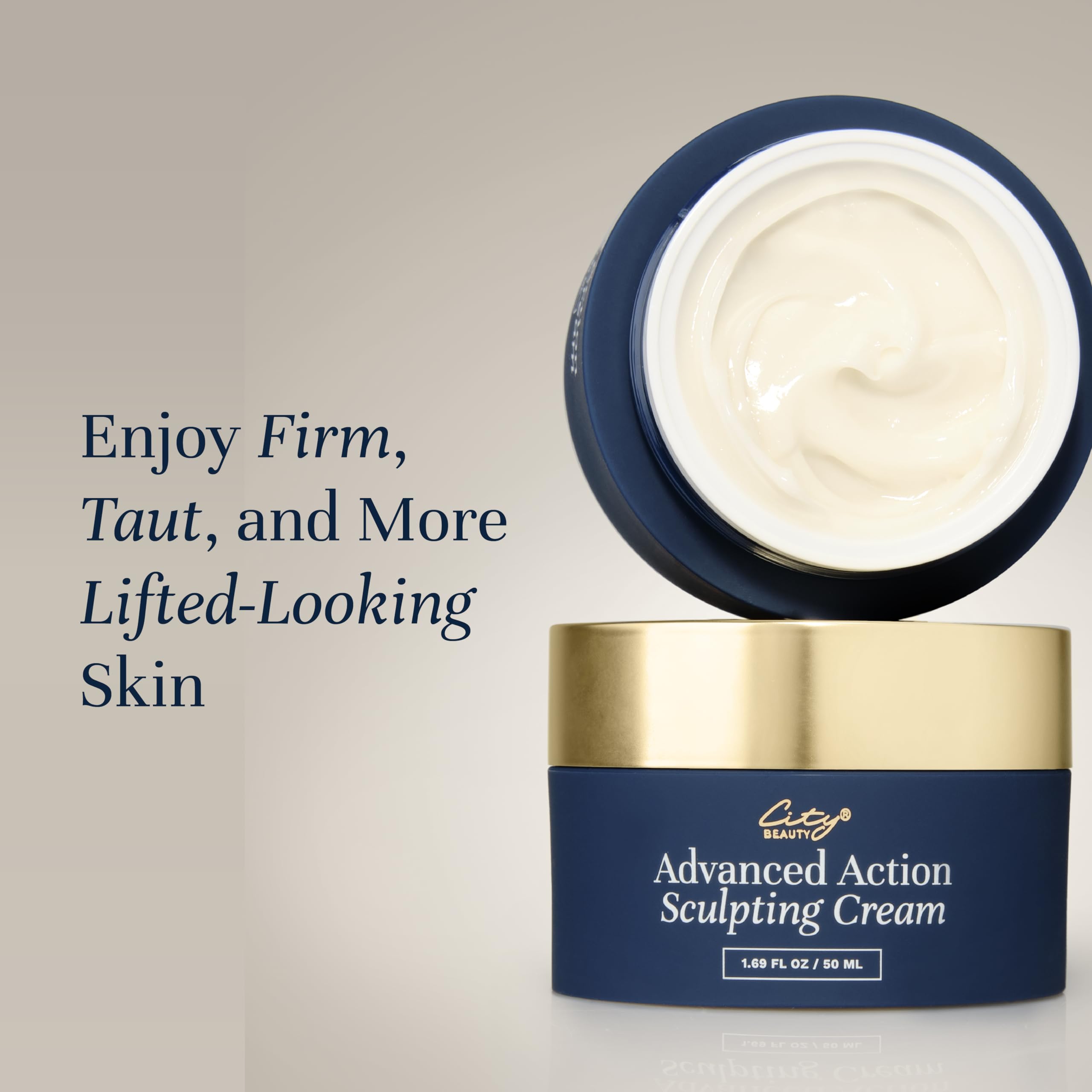 City Beauty Advanced Action Sculpting Cream packaging tube on vanity