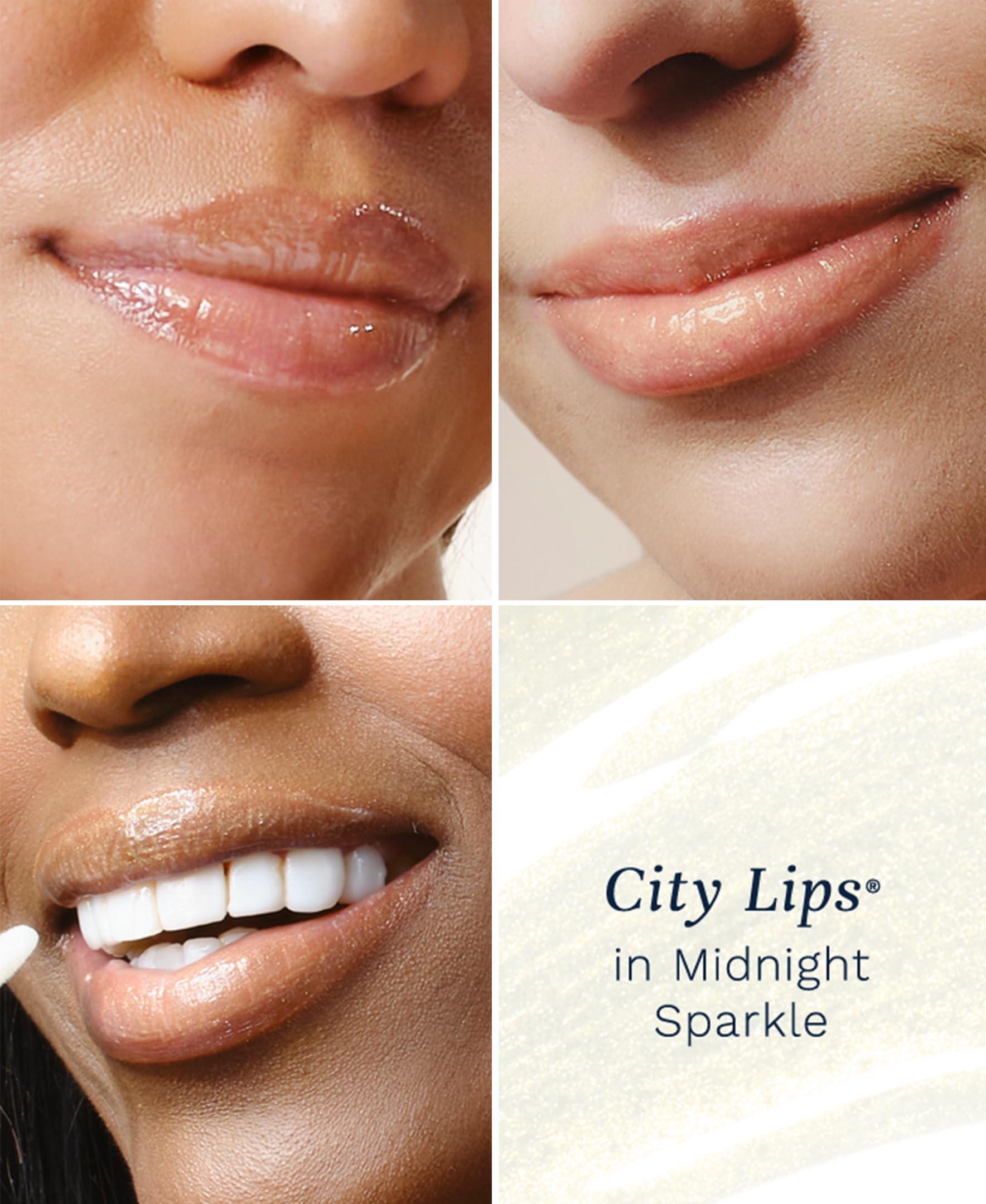 City Beauty City Lips Midnight Sparkle gloss with gold glitter adds glam shine and hydration.