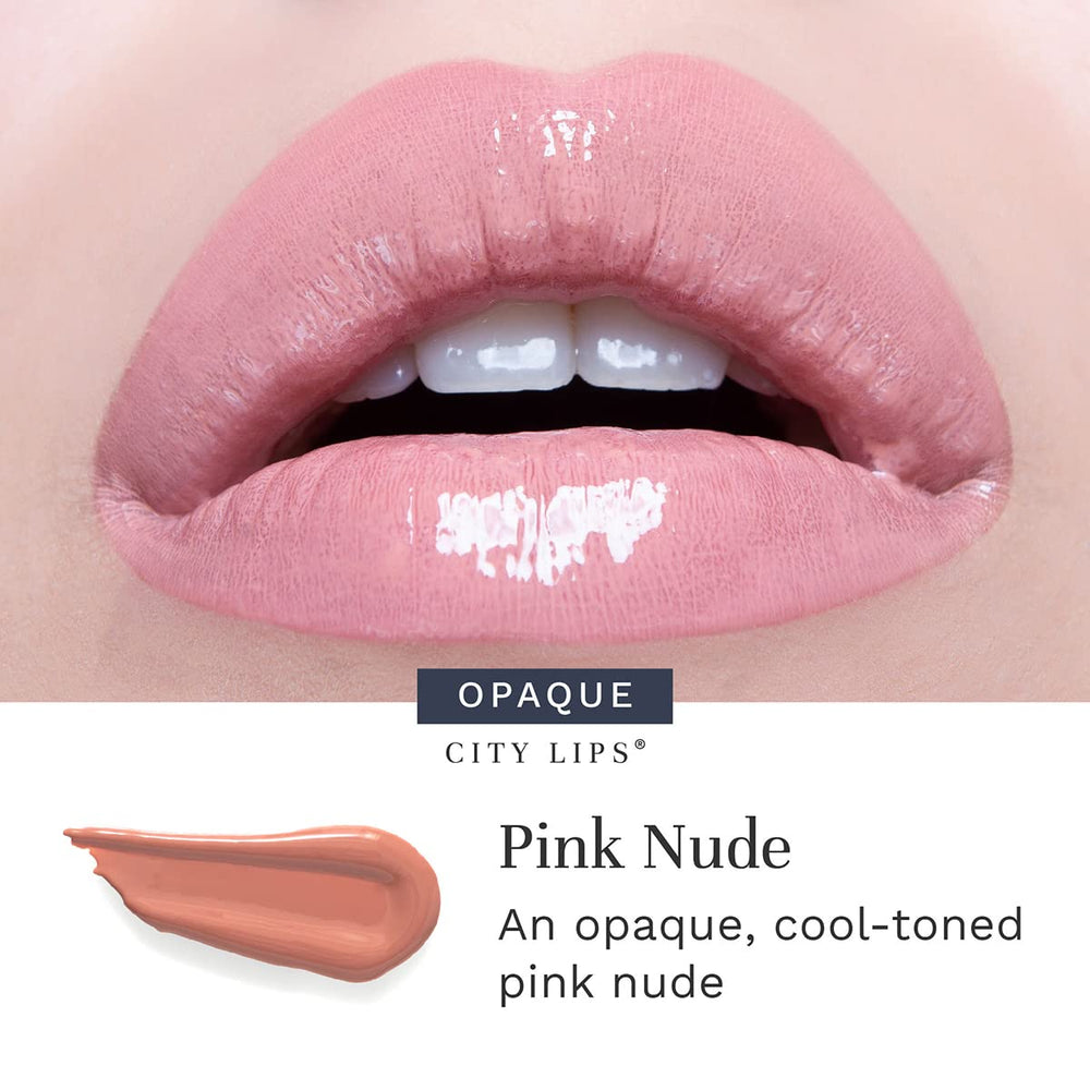 City Lips Pink Nude on lips showing glassy finish