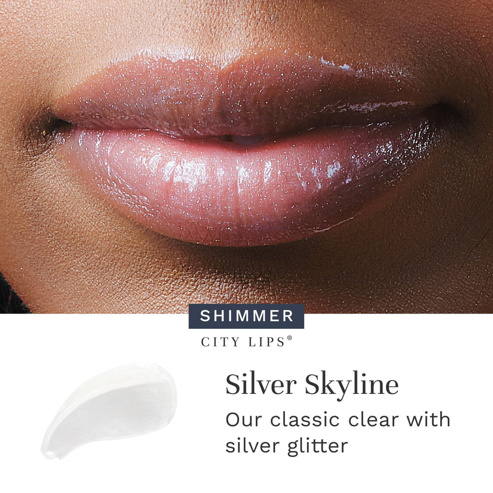 City Lips Silver Skyline gloss being applied for a high-shine finish on the lips.