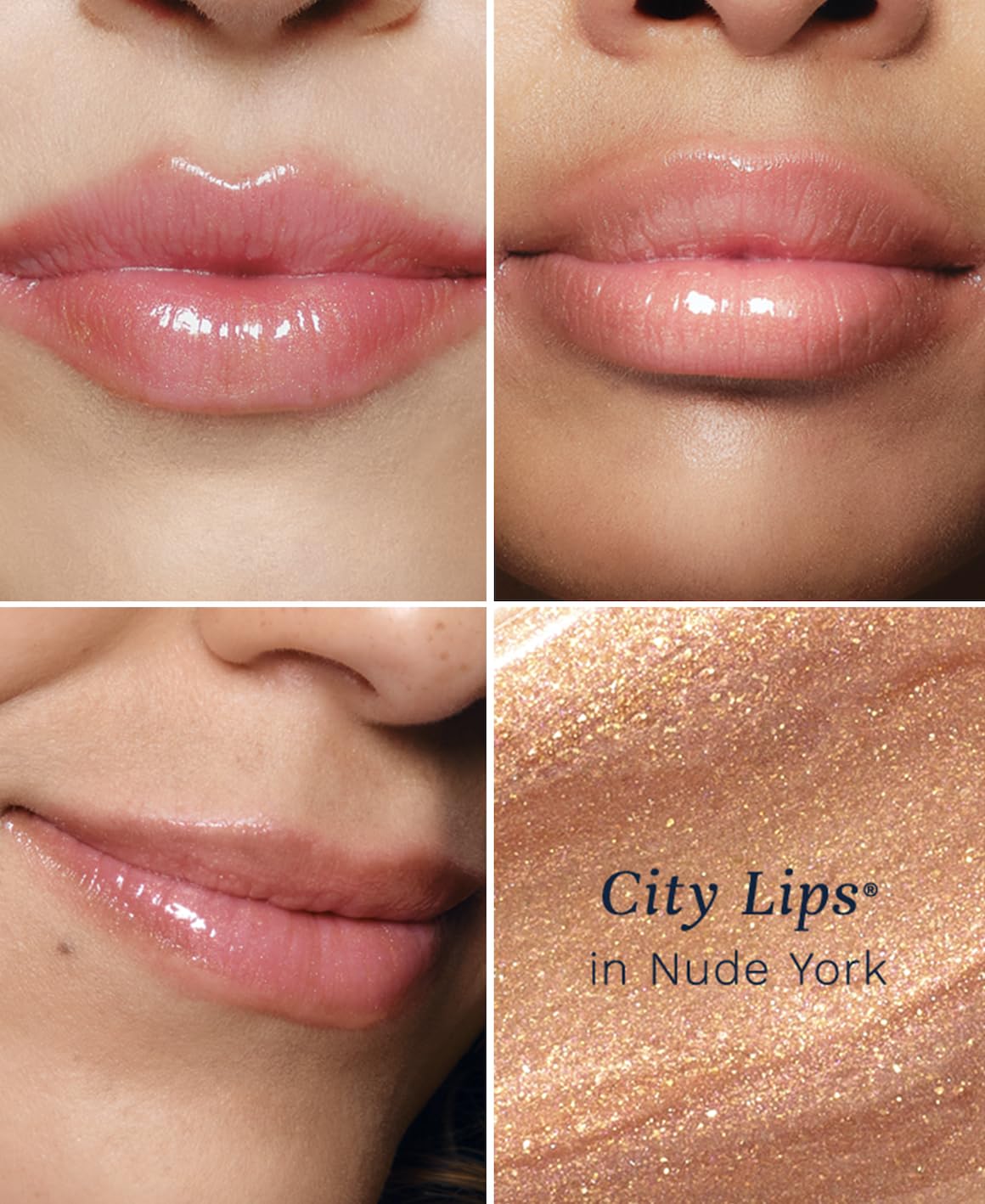 Lips wearing City Lips Nude York gloss with glossy, wet-look shine.
