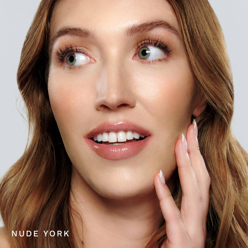 City Lips Nude York swatch reveals warm nude tone with sparkle.