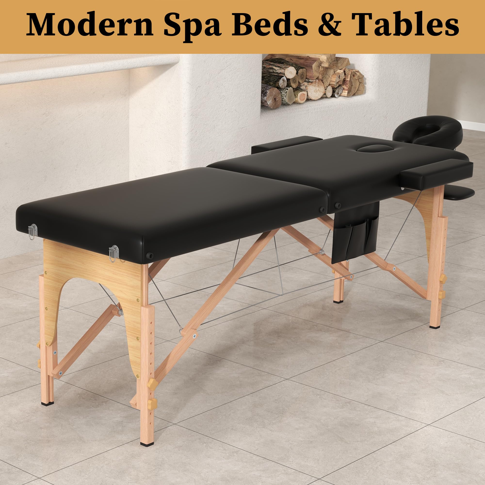 Civama massage table folded side view highlights compact transport and quick setup.