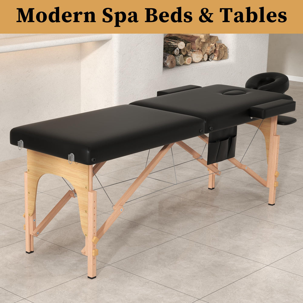 Civama massage table folded side view highlights compact transport and quick setup.