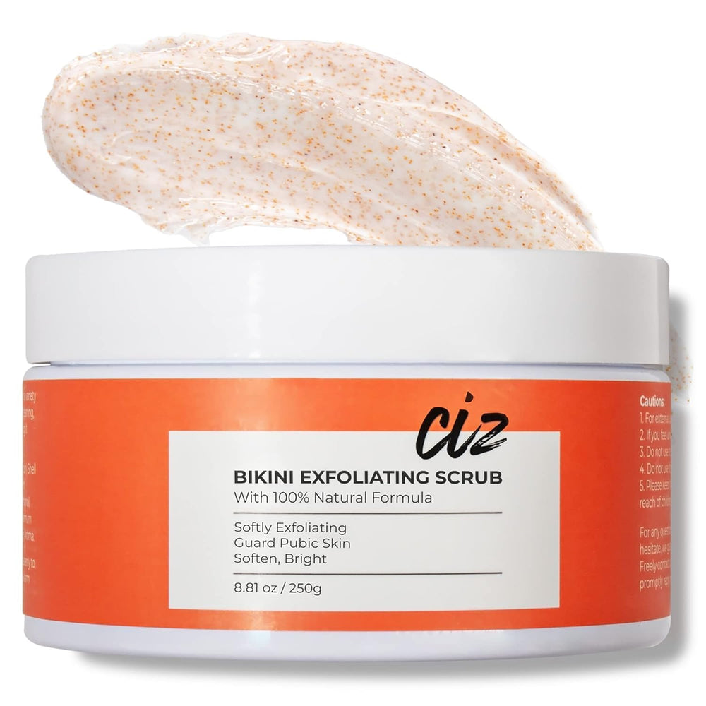 CIZ Bikini Area Exfoliator bottle shows gentle, fragrance-free skin prep.
