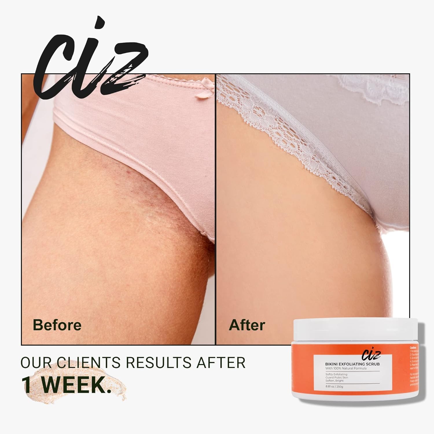 CIZ sugar scrub texture close-up highlights smooth bikini skin.
