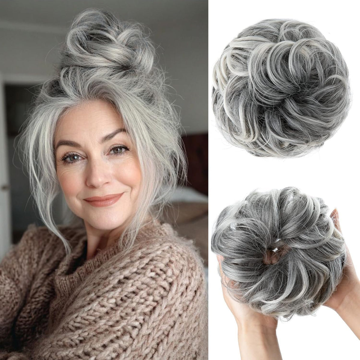 CJL HAIR large messy bun front view with voluminous waves for quick styling