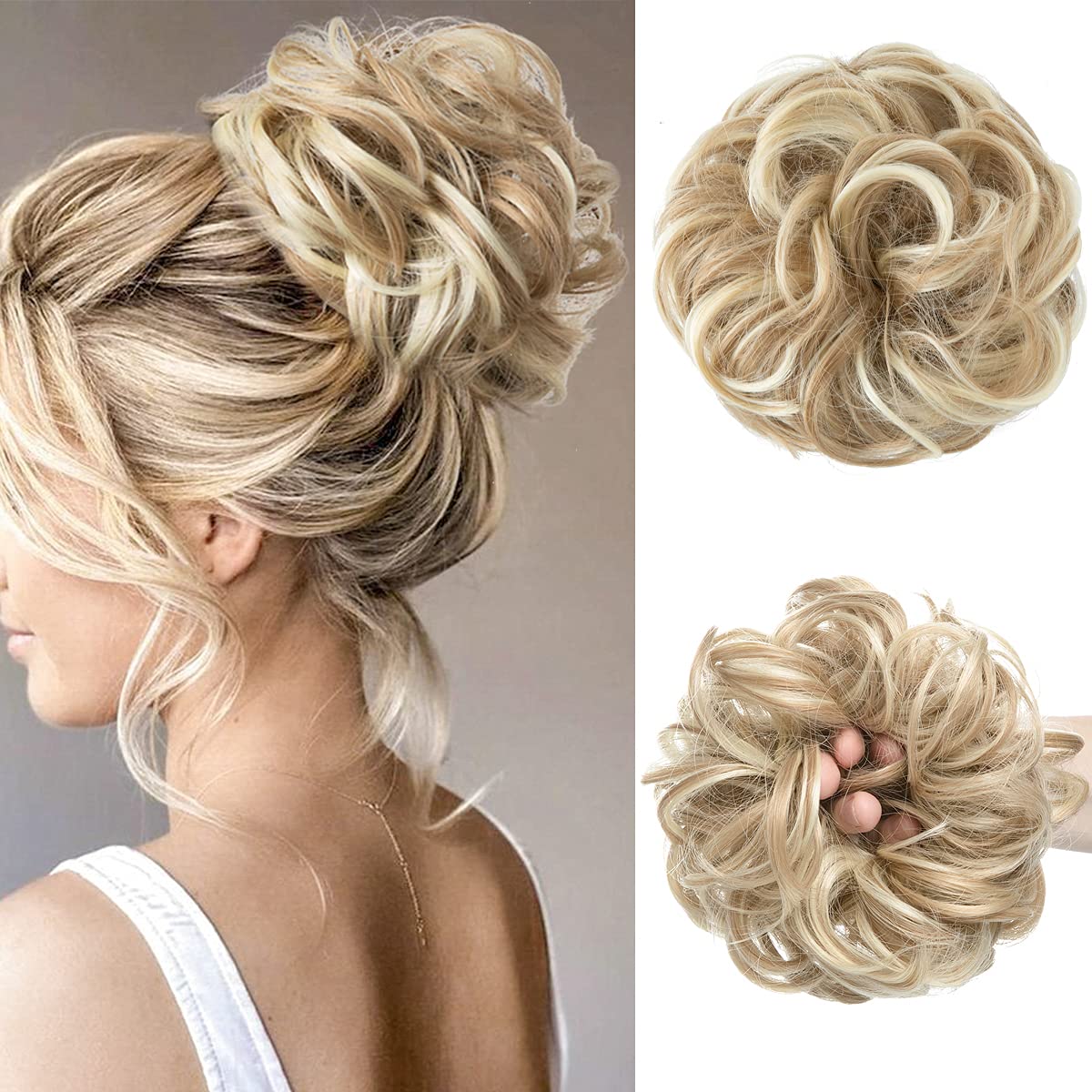 CJL HAIR large messy bun piece in dirty blonde viewed from front for instant volume.