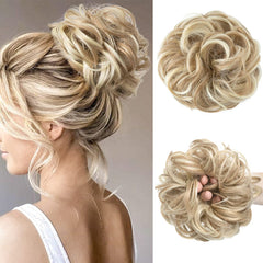 CJL HAIR large messy bun piece in dirty blonde viewed from front for instant volume.