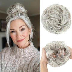 CJL HAIR large messy bun shown for instant volume and quick everyday styling.