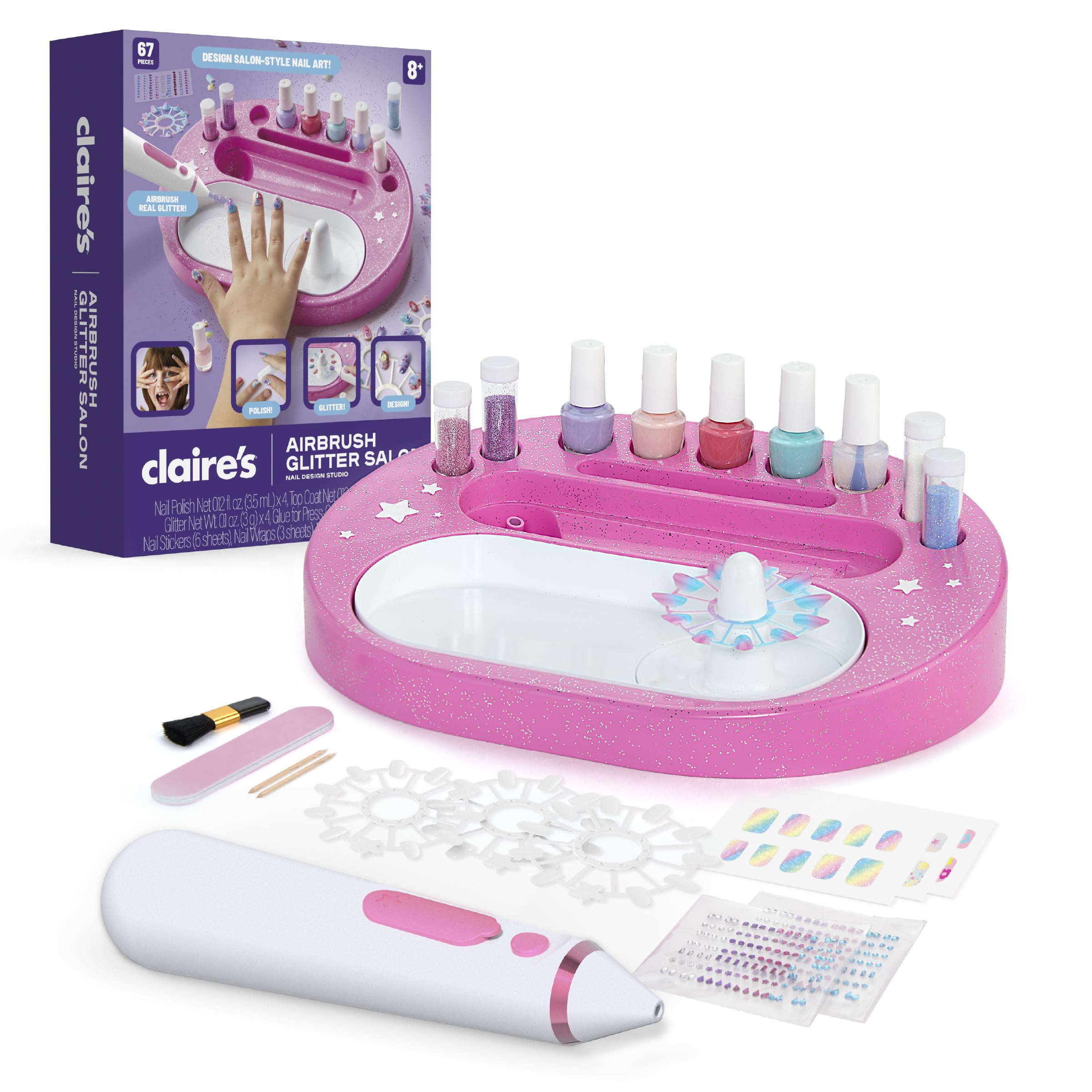 Claire's airbrush glitter pen for smooth, customizable nail shimmer.