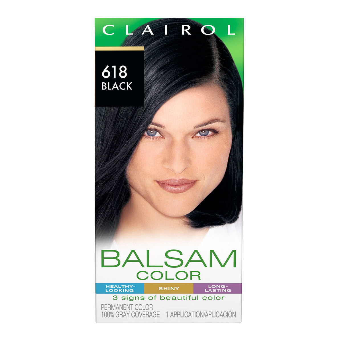 Clairol Balsam permanent hair dye 618 Black for long-lasting color and 100% gray coverage