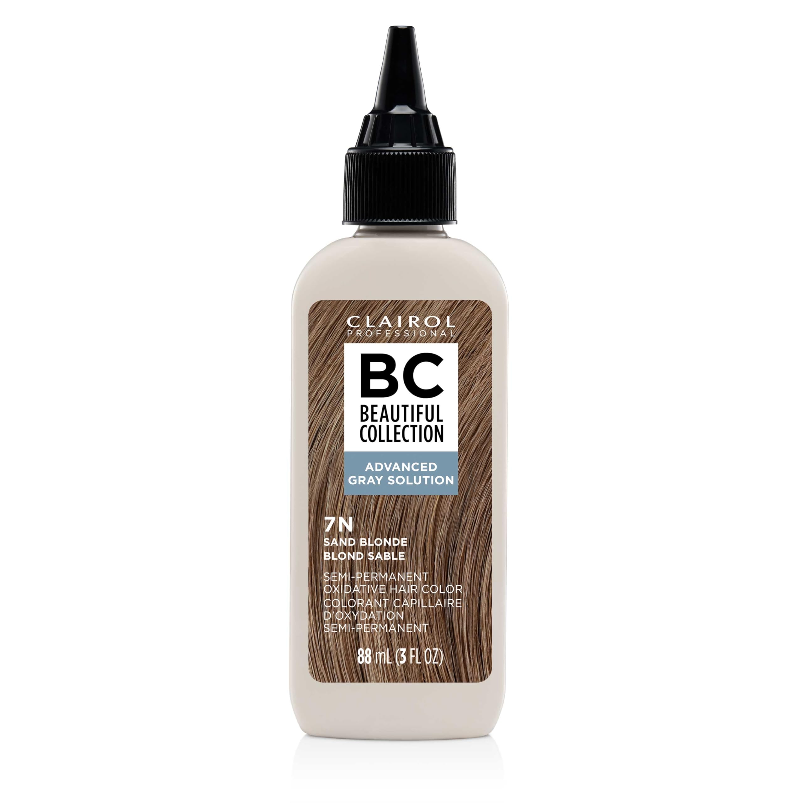 Clairol Professional Beautiful Collection Advanced Gray Solution 7N Sand Blonde bottle shows zero damage color