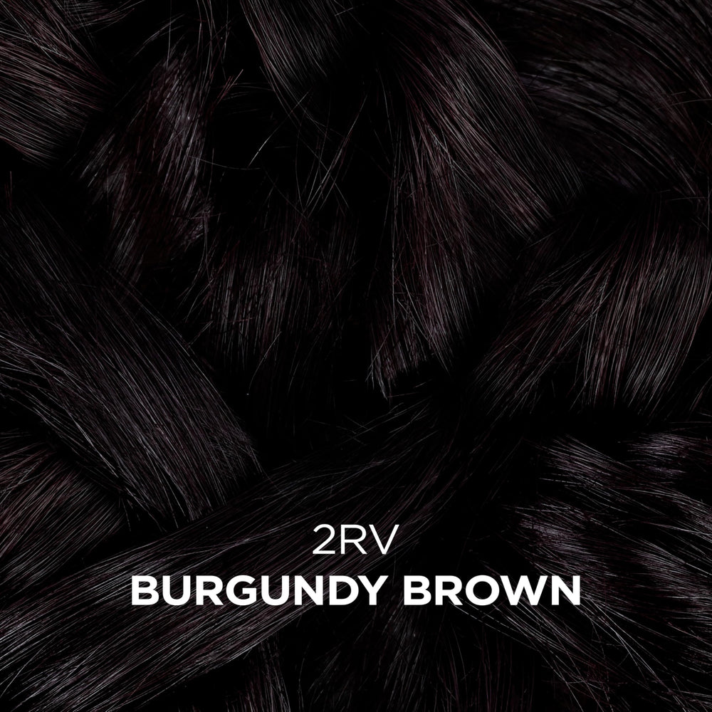 Color swatches show burgundy brown shade range including 2RV.