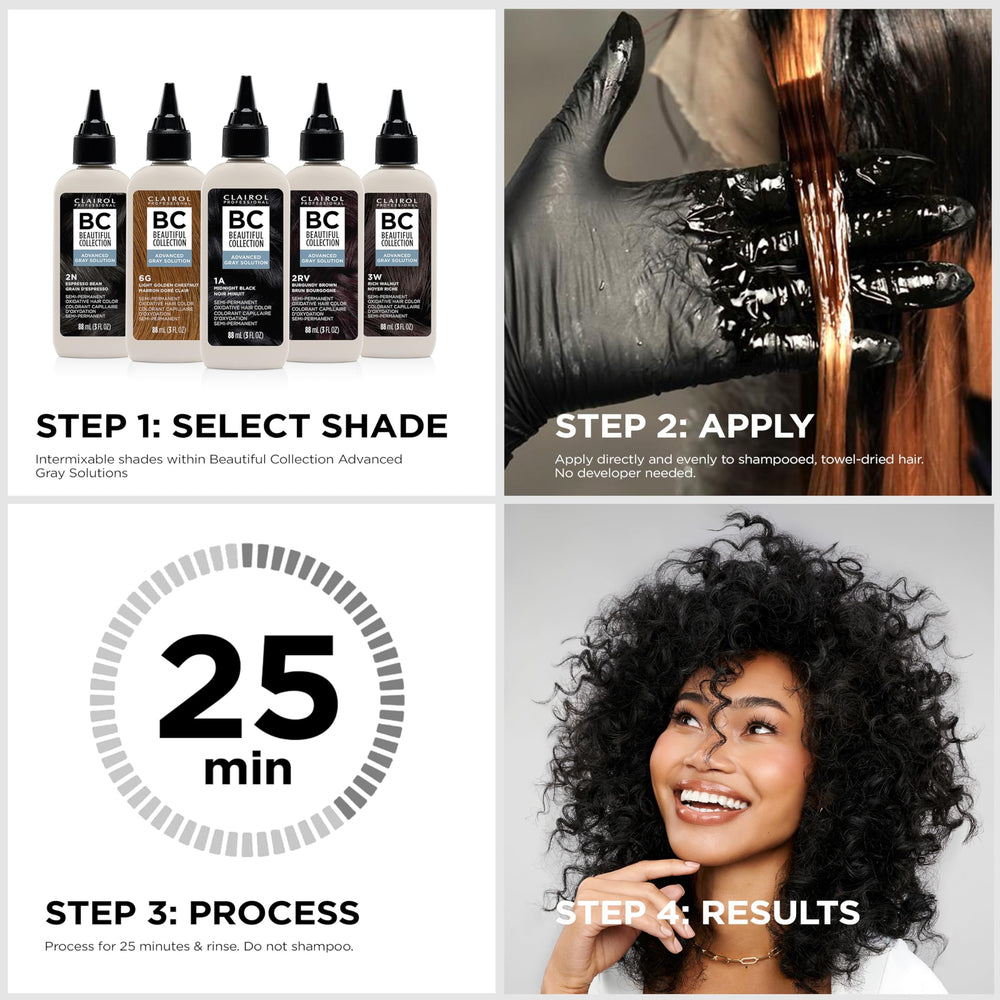 Clairol Beautiful Collection Gray Solution supports curly and coily hair with gentle color blending.
