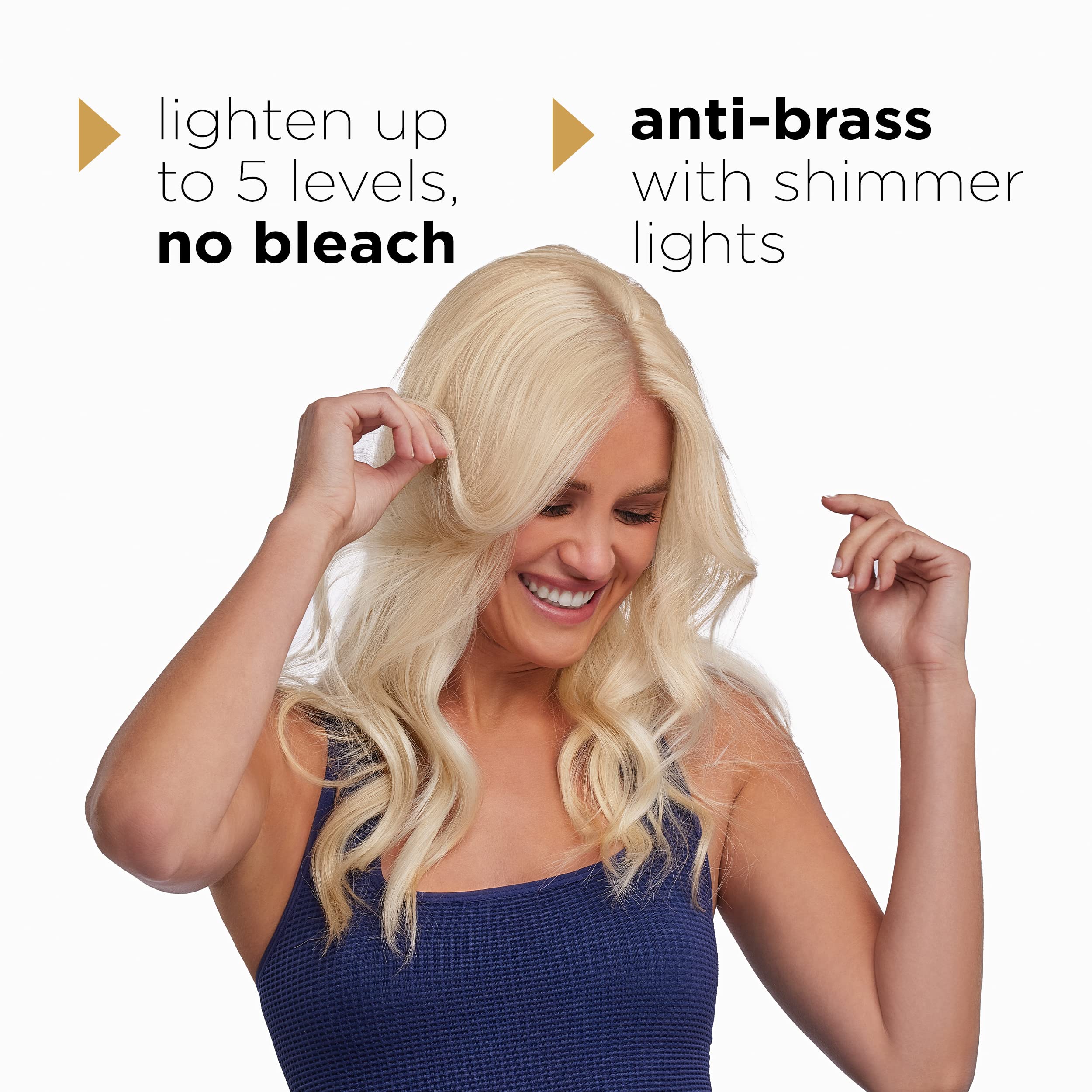 Clairol Blonde It Up brass tone swatches illustrate target outcomes for cool neutral results.