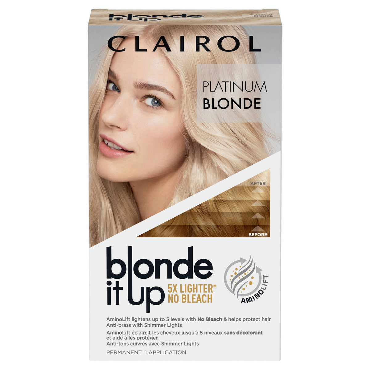 Clairol Blonde It Up lightener bottle pour demonstrates easy application for up to 5 levels lighter.