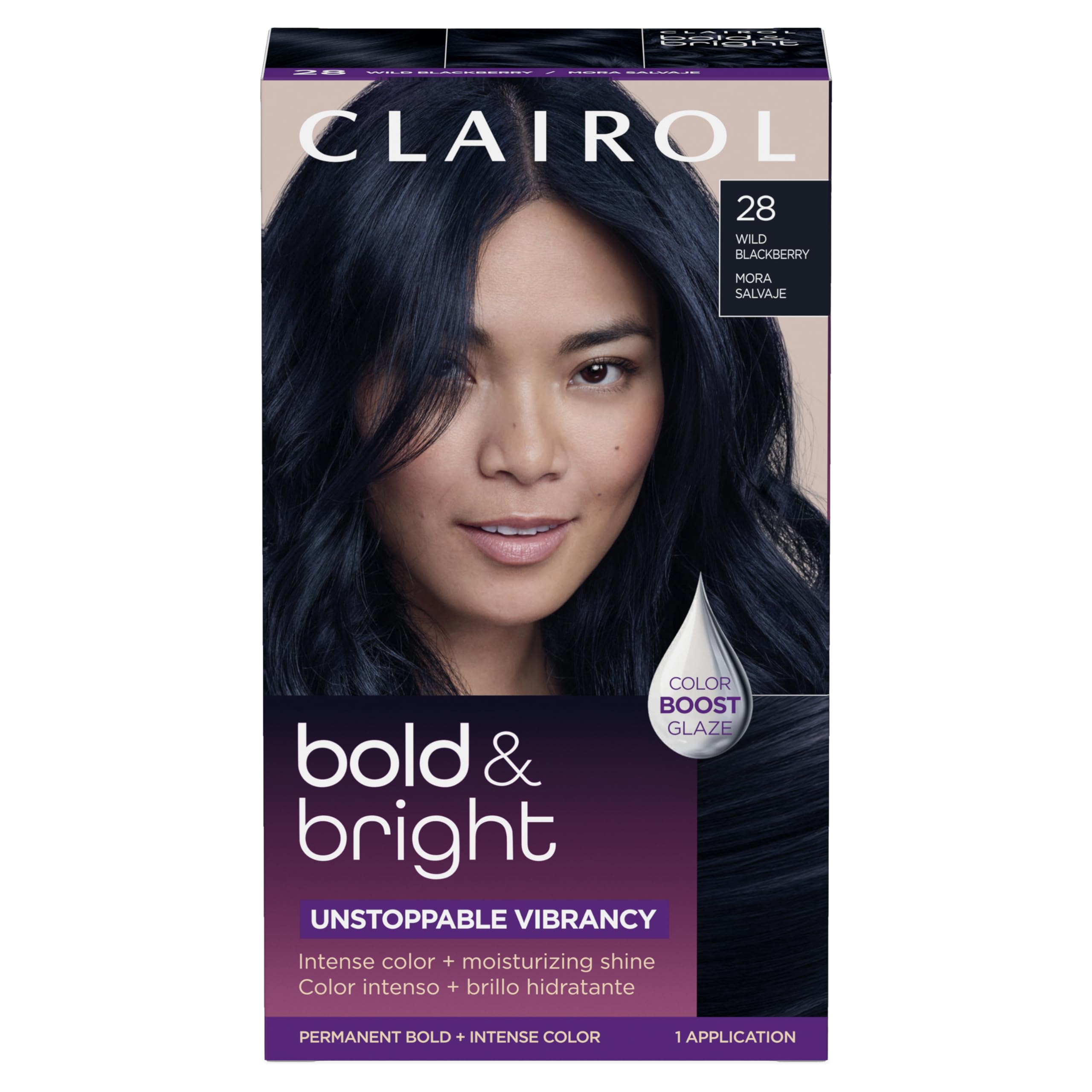 Clairol Bold & Bright permanent dye box in Wild Blackberry showing vibrant color