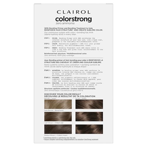 Clairol ColorStrong permanent color with AHA applies reflective pigments for multidimensional tones.