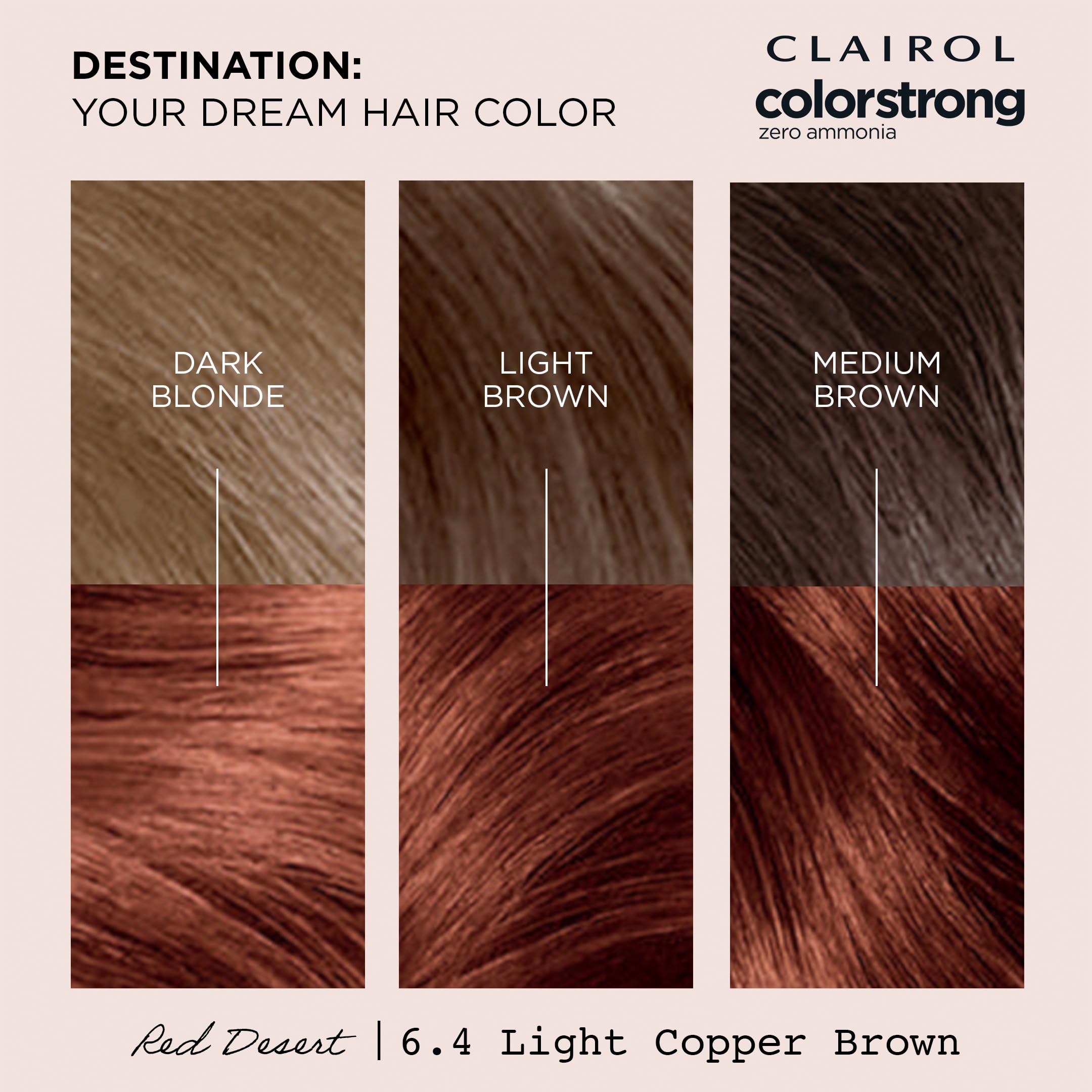 Clairol ColorStrong Red Desert swatch showcases warm copper tones