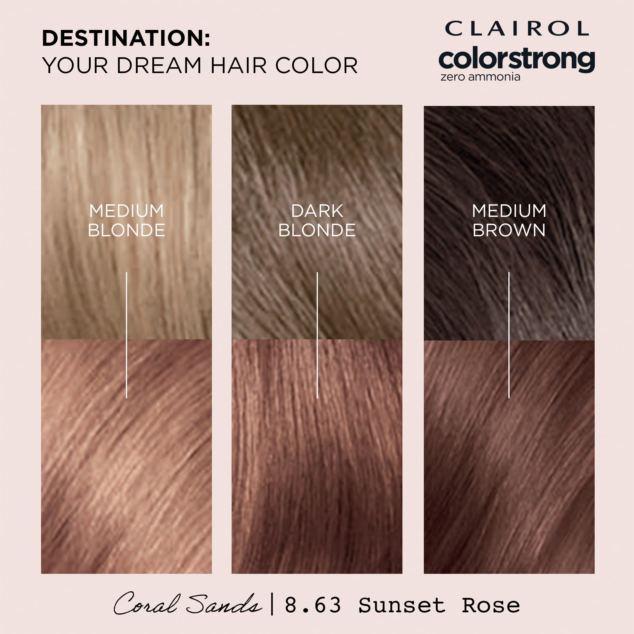 Clairol ColorStrong multidimensional shade swatches showcase coral sands.