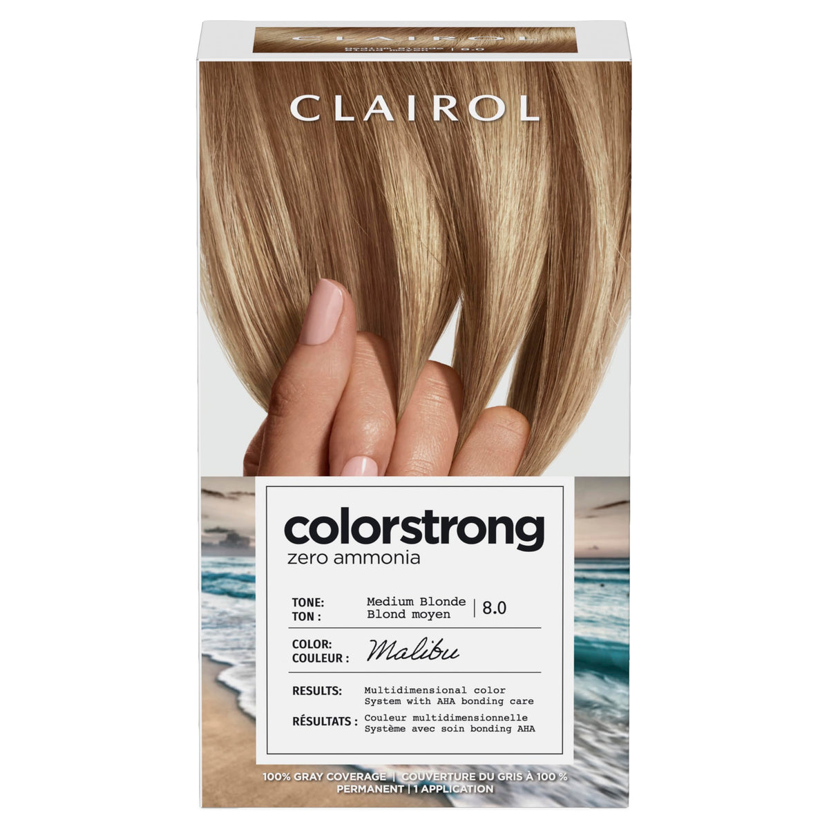 Clairol ColorStrong zero ammonia packaging for at-home color with a gentle formula.