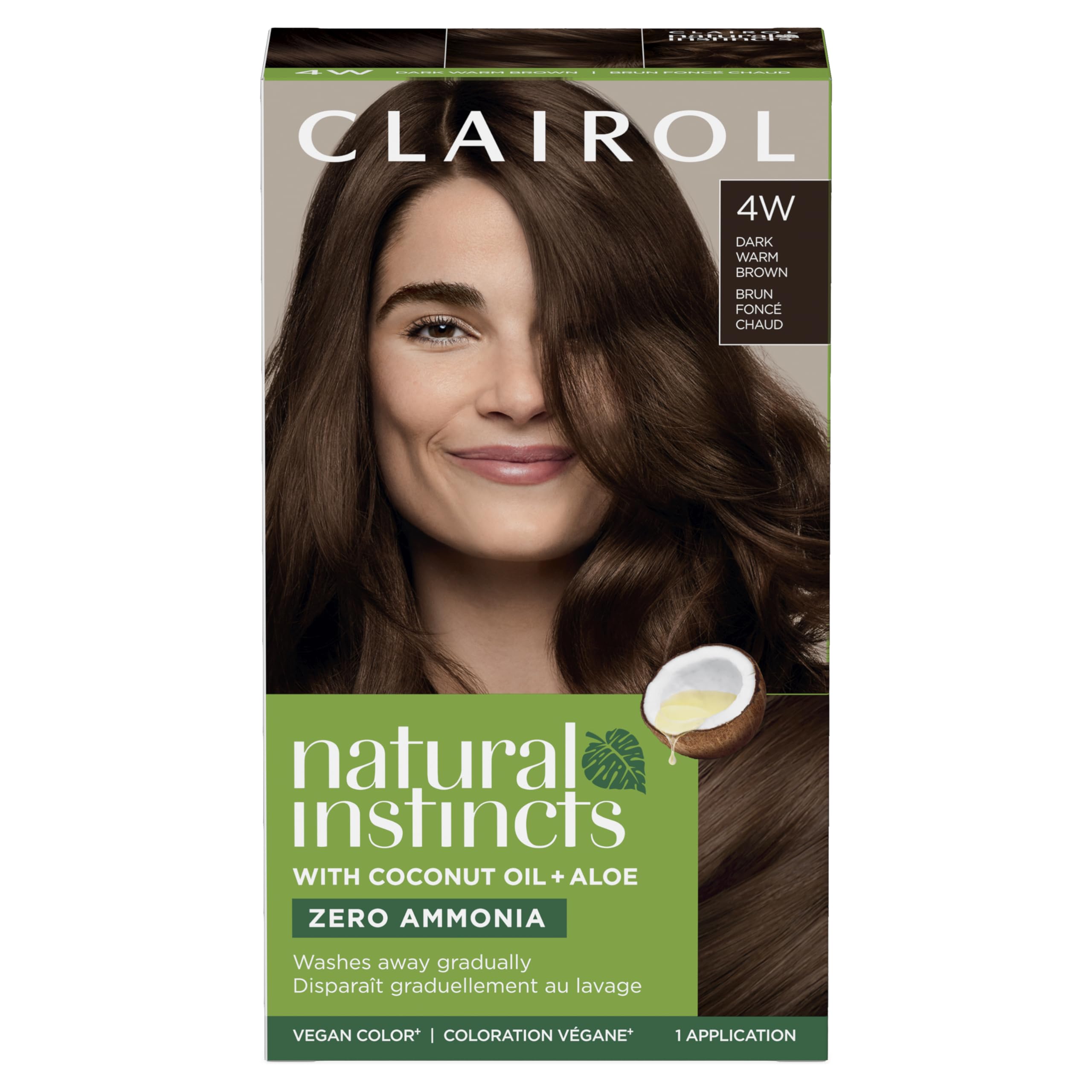 Clairol Natural Instincts 4W packaging highlighting ammonia-free formula with coconut oil