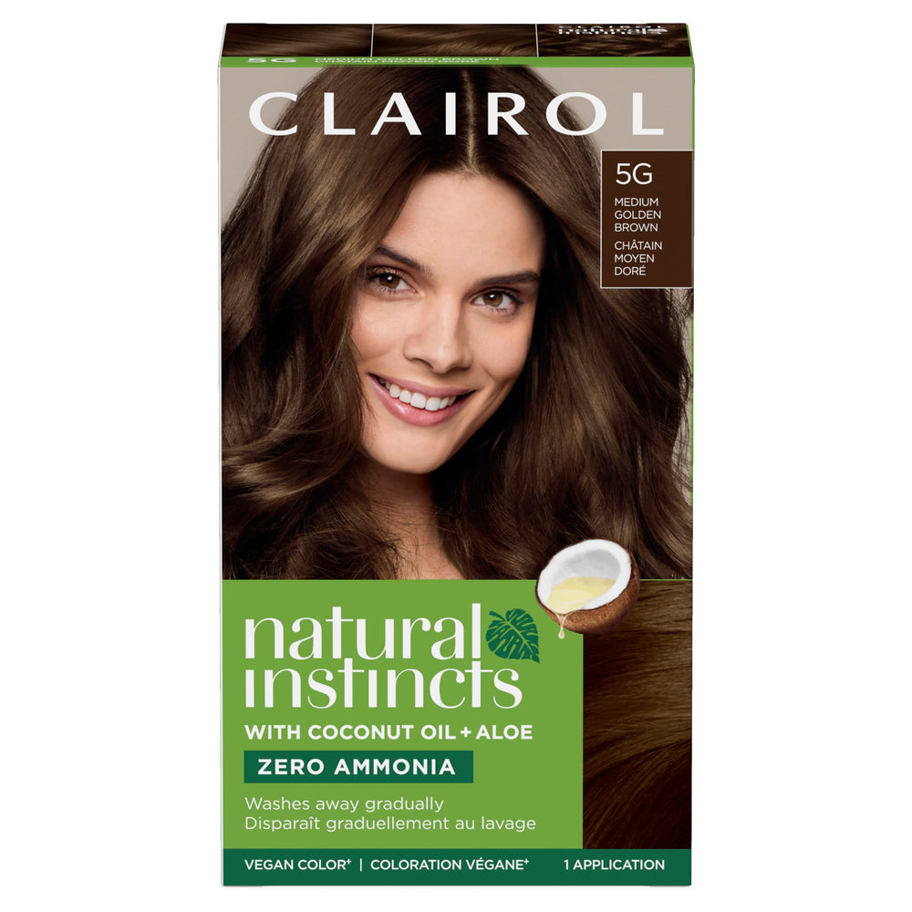 Clairol Natural Instincts 5G box front shows natural-looking medium golden brown color