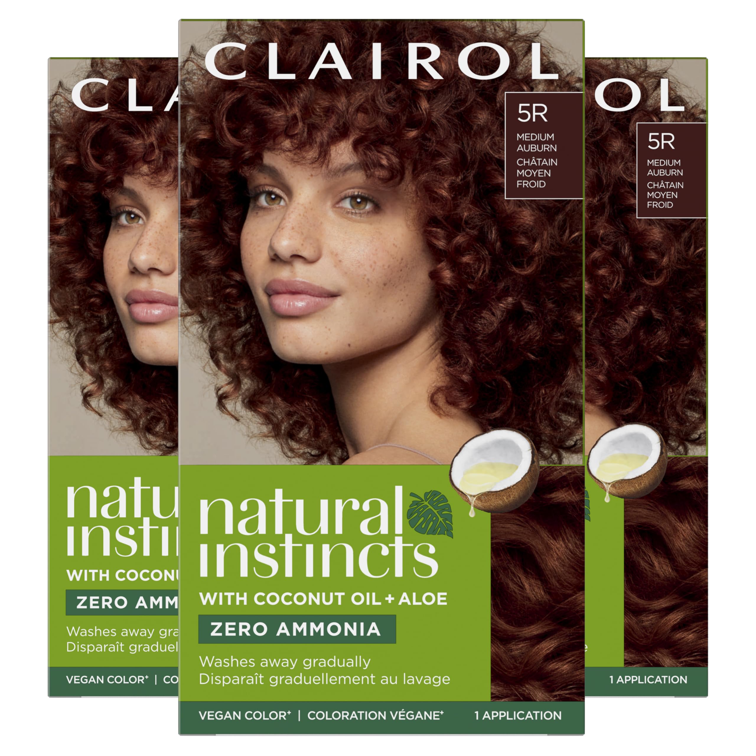 Clairol Natural Instincts 5R auburn color cream bottle for rich, natural-looking color at home.
