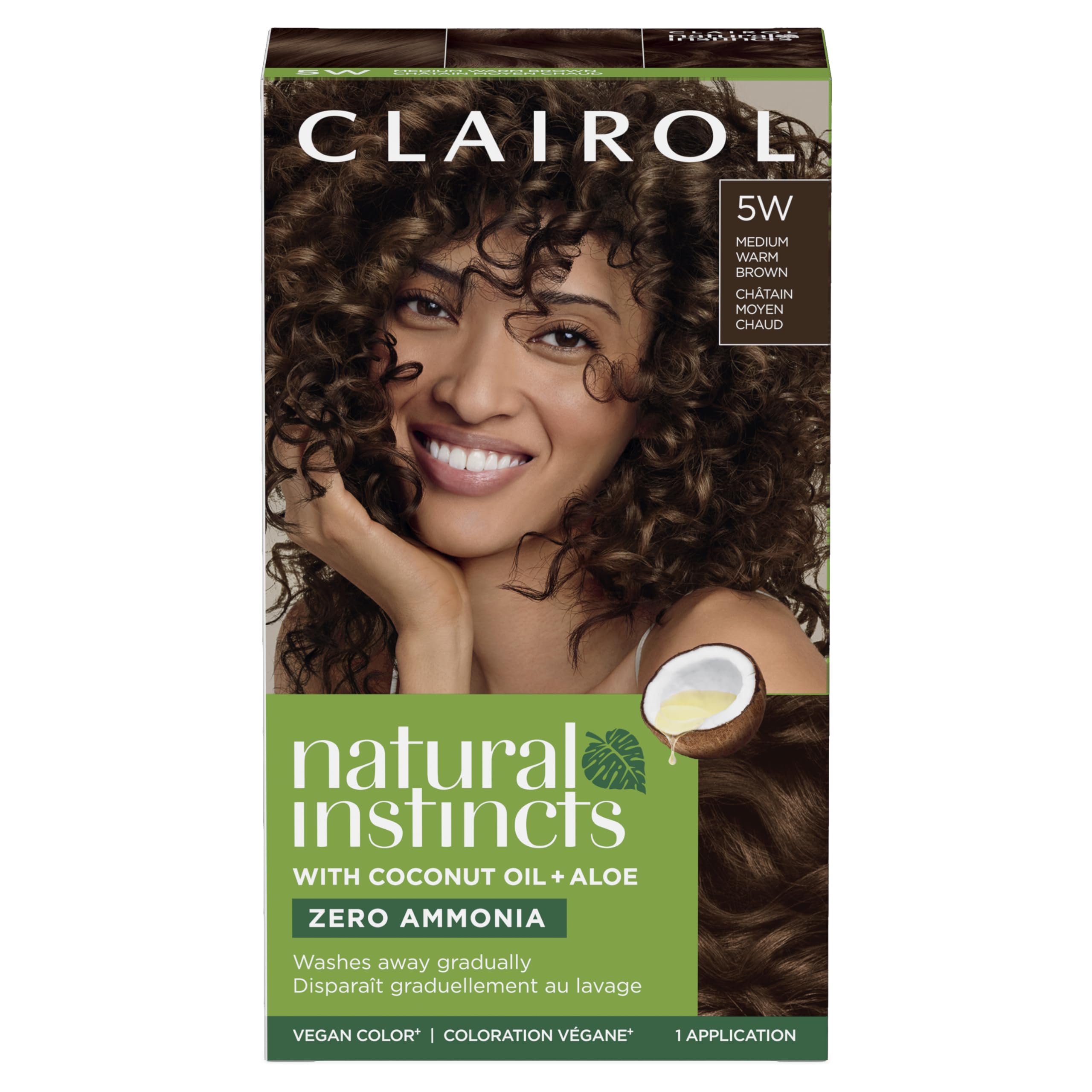 Clairol Natural Instincts 5W bottle demonstrates gentle, ammonia-free dye for warm brunette color