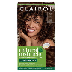 Clairol Natural Instincts 5W bottle demonstrates gentle, ammonia-free dye for warm brunette color