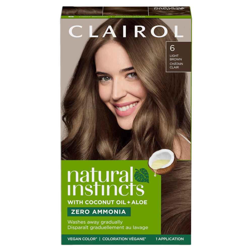 Clairol Natural Instincts 6 Light Brown color kit, radiant shade.