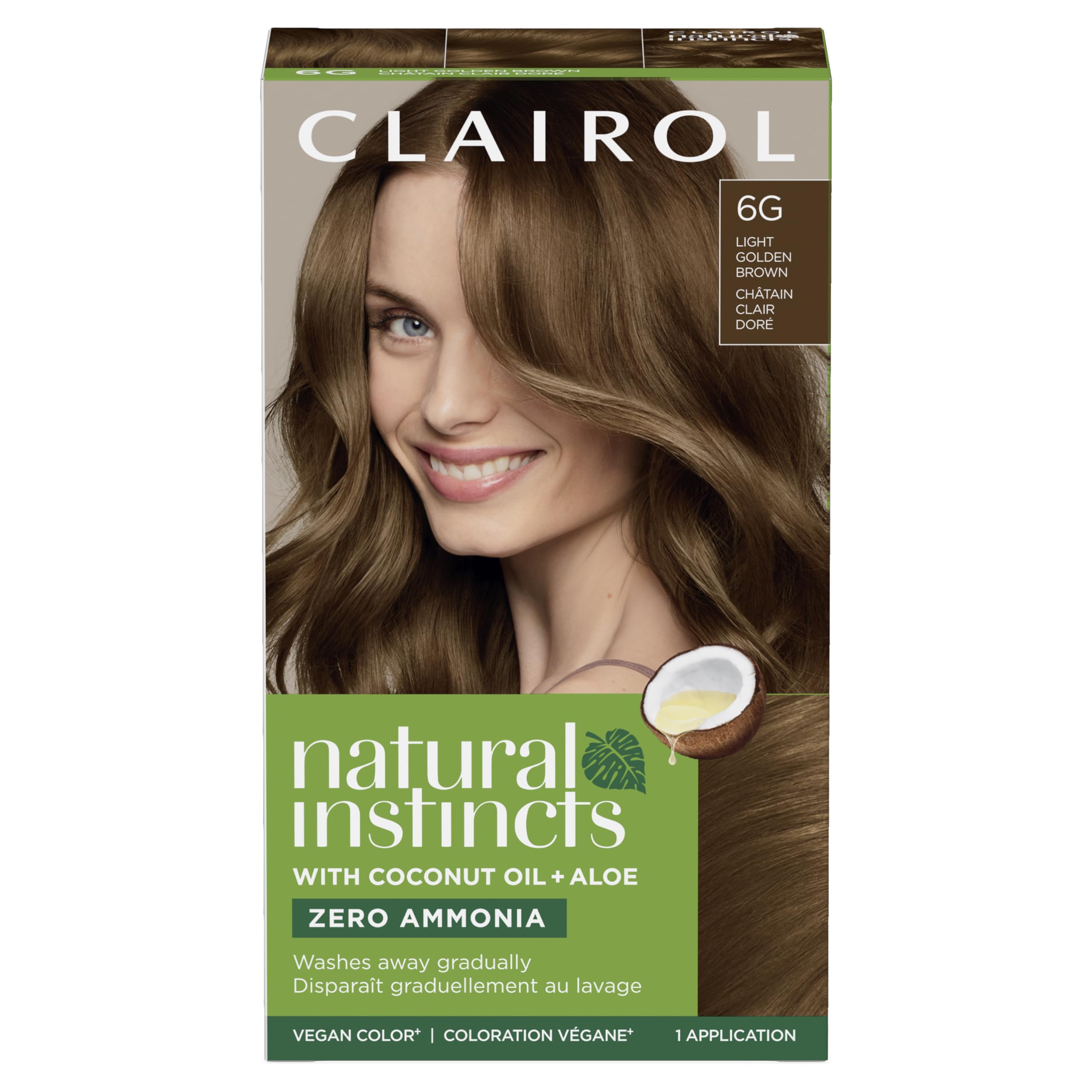 Clairol Natural Instincts 6G bottle shows warm light golden brown shade for natural results.