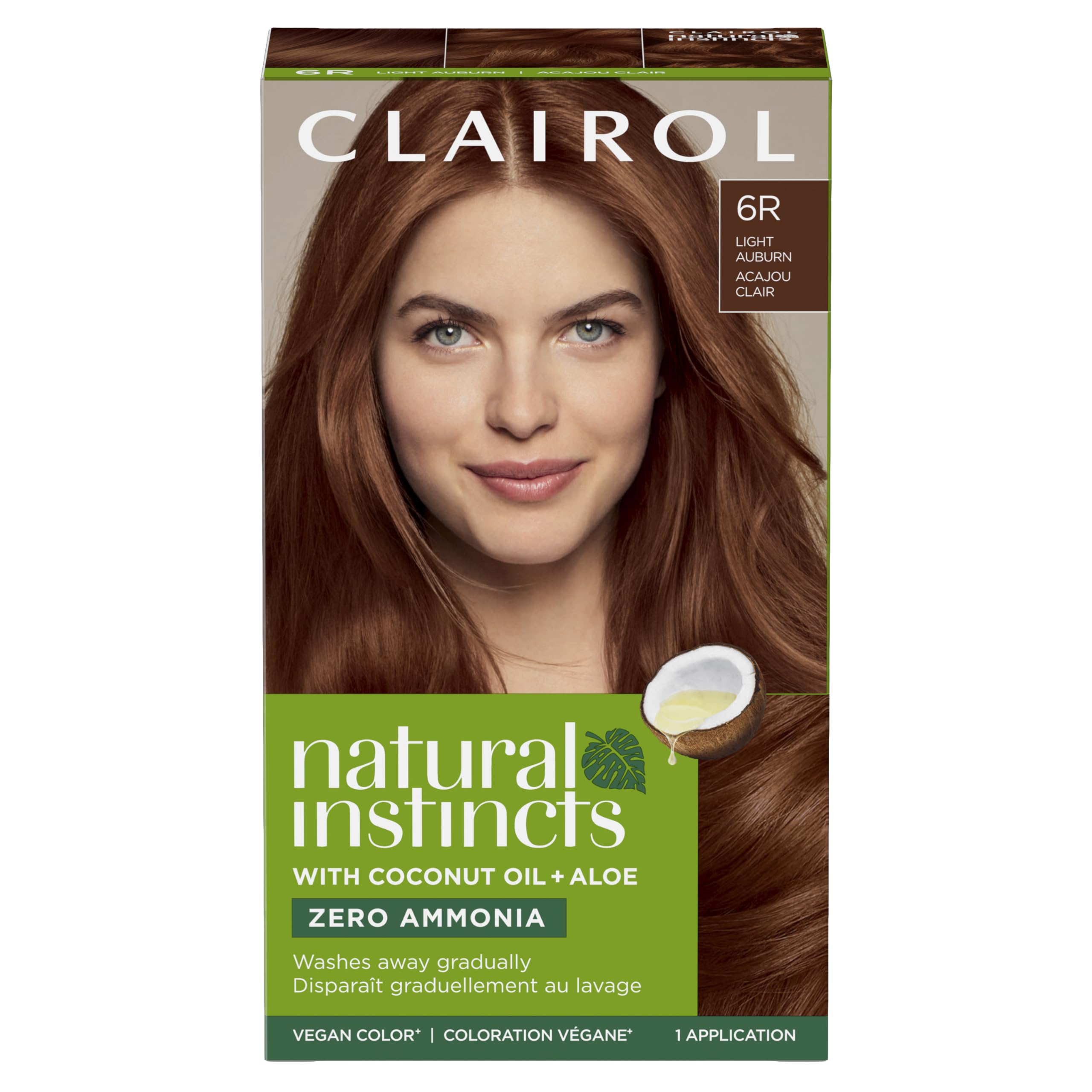 Clairol Natural Instincts 6R bottle offers rich auburn color and even tone.