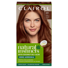 Clairol Natural Instincts 6R bottle offers rich auburn color and even tone.