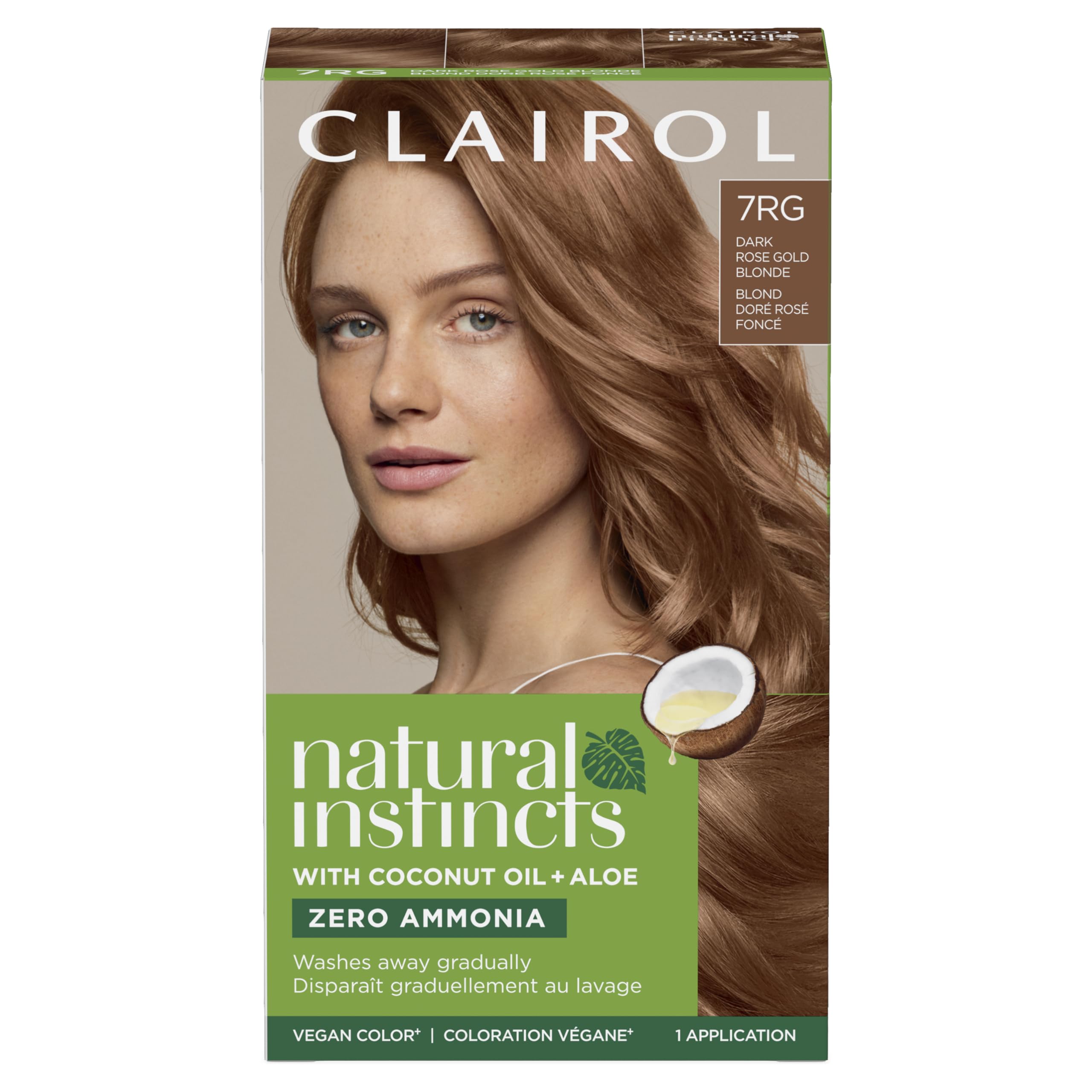 Clairol Natural Instincts 7RG swatches reveal natural-looking dark rose gold blonde shade.