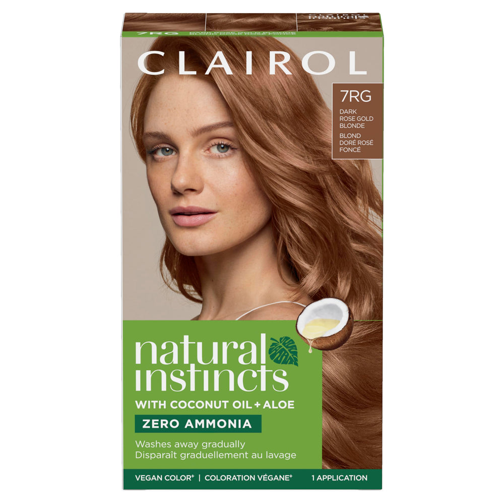 Clairol Natural Instincts 7RG swatches reveal natural-looking dark rose gold blonde shade.